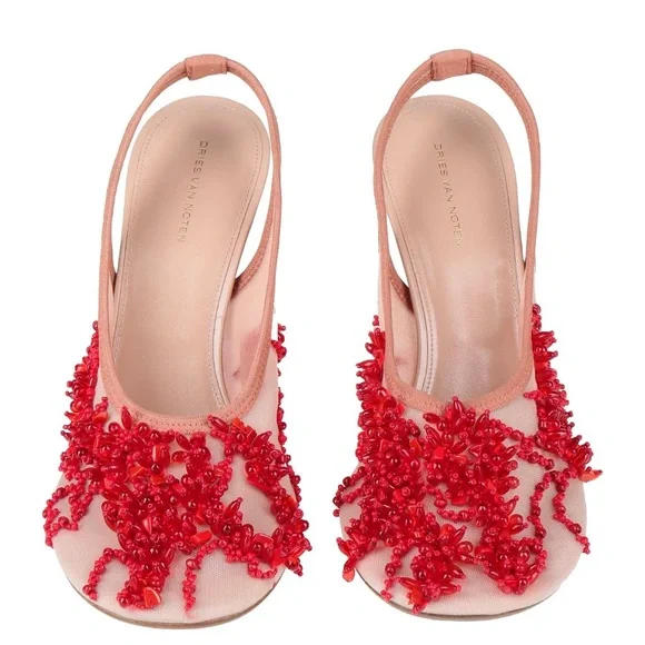 Dries Van Noten pink 110mm lucite wedge slingbacks w/ red beaded embellishments - Picture 3 of 4